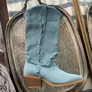 Frayed Denim Cowboy Boots